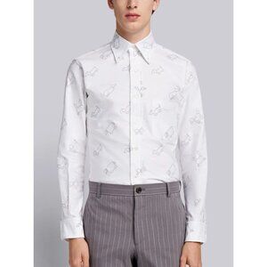 THOM BROWNE Toy Icon Outline Half Drop Embroidered Cotton Oxford Shirt, Size 3